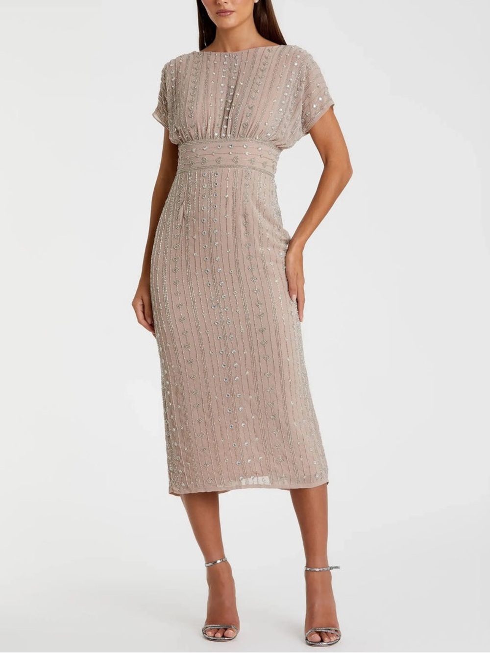 Beige Beaded Cap Sleeve Empire Waist Sheath Midi Dress 93649 Size 10 NWT